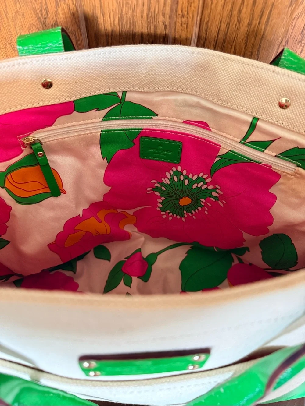 kate spade Green and Cream Canvas Tote with Shiny Green Trim